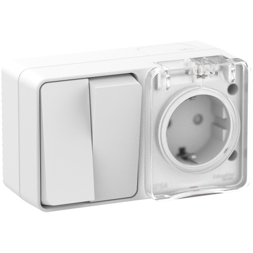 AtlasDesign PROFI IP54 О/У БЛОК: РОЗ. з/к со шт. 16А, ВЫКЛ.2-клав.10А, БЕЛЫЙ