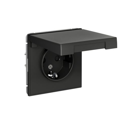 РОЗЕТКА с заземл. со шторк. с крышкой, 16А, IP20, мех-м, БАЗАЛЬТ