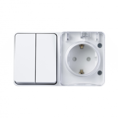 AtlasDesign PROFI IP54 О/У БЛОК: РОЗ. з/к со шт. 16А, ВЫКЛ.2-клав.10А, БЕЛЫЙ