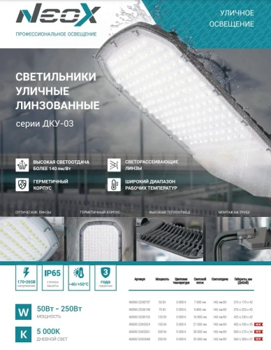 Светильник 250W ДКУ-03 35000Лм 5000К d=48-62, 3г. IP65 NEOX