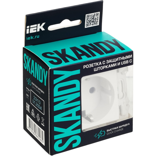 SKANDY Розетка с заземлением с защитными шторками 16А с USB C 18Вт SK-R17W арктический белый IEK