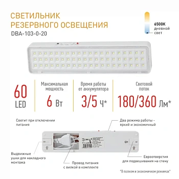 Светильник аварийный светодиодный LEDх60 5ч непостоянный IP20 DBA-103-0-20 ЭРА