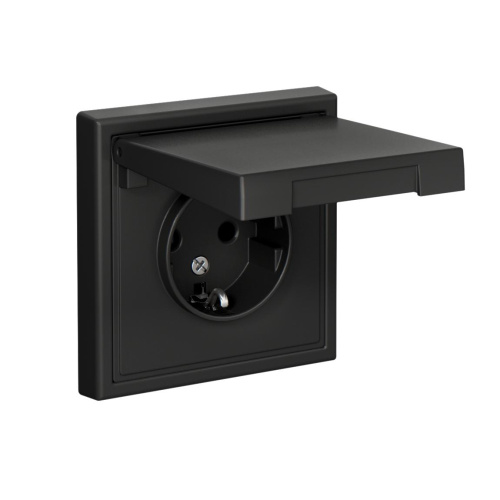 РОЗЕТКА с заземл. со шторк. с крышкой, 16А, IP20, мех-м, БАЗАЛЬТ