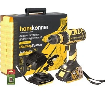 Дрель аккум. б/щ Hanskonner, 18В, 1BatterySystem, 2 акк. 2 Ач, 65Нм, смен патрон,кейс