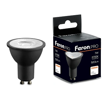 Лампа светодиодная  7W 230V GU10 2700K MR16 в черном корпусе с линзой 110 градусов, LB-1607 Feron