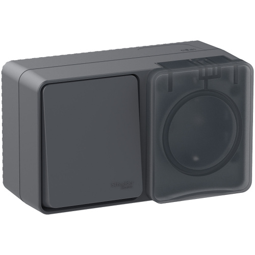 AtlasDesign PROFI IP54 О/У БЛОК: РОЗ. з/к со шт. 16А, ВЫКЛ.1-клав.10А, АНТРАЦИТ