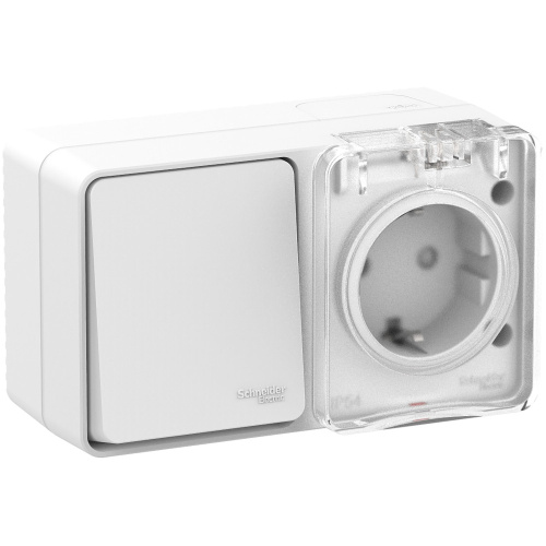 AtlasDesign PROFI IP54 О/У БЛОК: РОЗ. з/к со шт. 16А, ВЫКЛ.1-клав.10А, БЕЛЫЙ