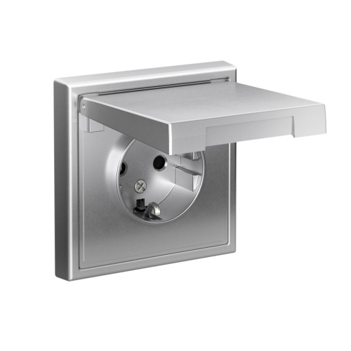 РОЗЕТКА с заземл. со шторк. с крышкой, 16А, IP20, мех-м, АЛЮМИНИЙ