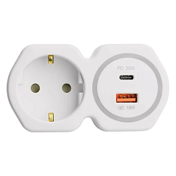 Разветвитель сетевой на 1 выход с/з 250В, 16А, USB A (QC18W)+ Type C (PD20W), белый/сер, ADP16-16-20