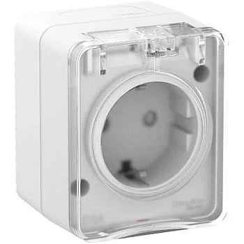 Розетка 1-м О/У з/к шт.16 А 250В, прозр.крышка. IP54 Белый Profi54 AtlasDesign Schneider